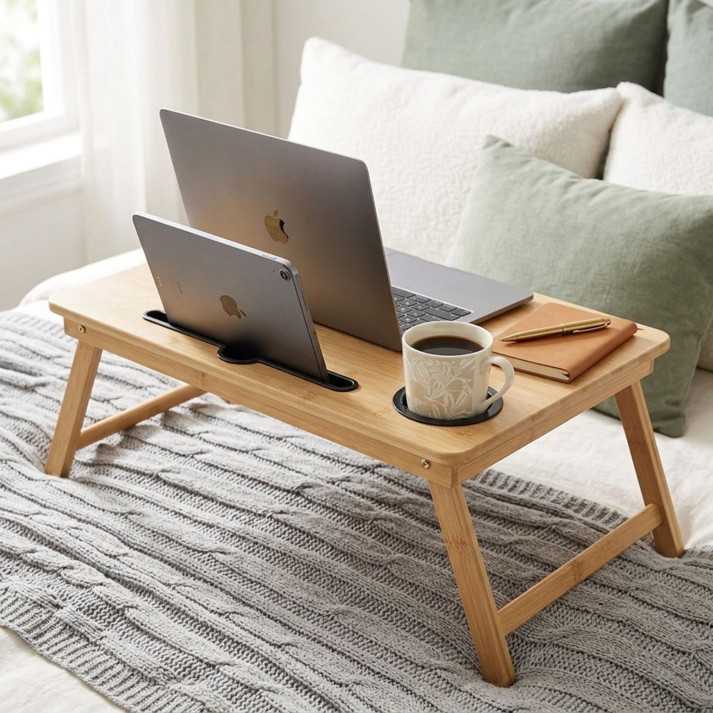 Bamboo Laptop Bed Table with Cup Holder - 63cm