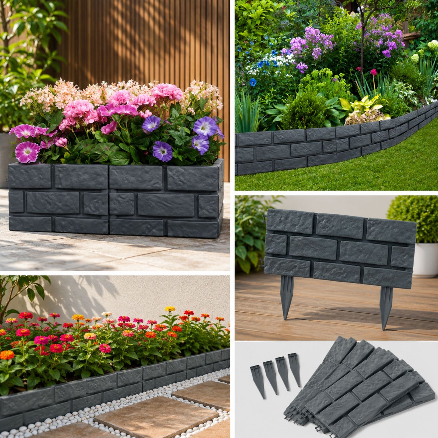 Stone Effect Plastic Garden Border Edging, Grey 4 Pack