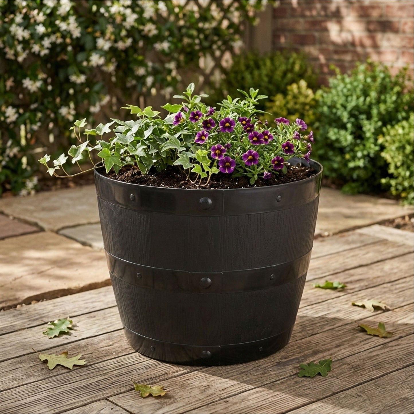 Large Black Barrel Plant Pot Tub | Plastic Outdoor/Indoor Planter