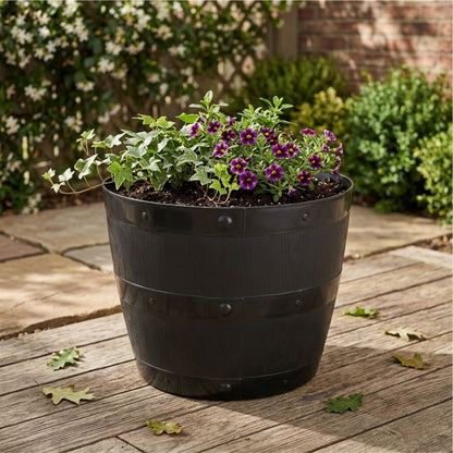 Large Black Barrel Plant Pot Tub | Plastic Outdoor/Indoor Planter