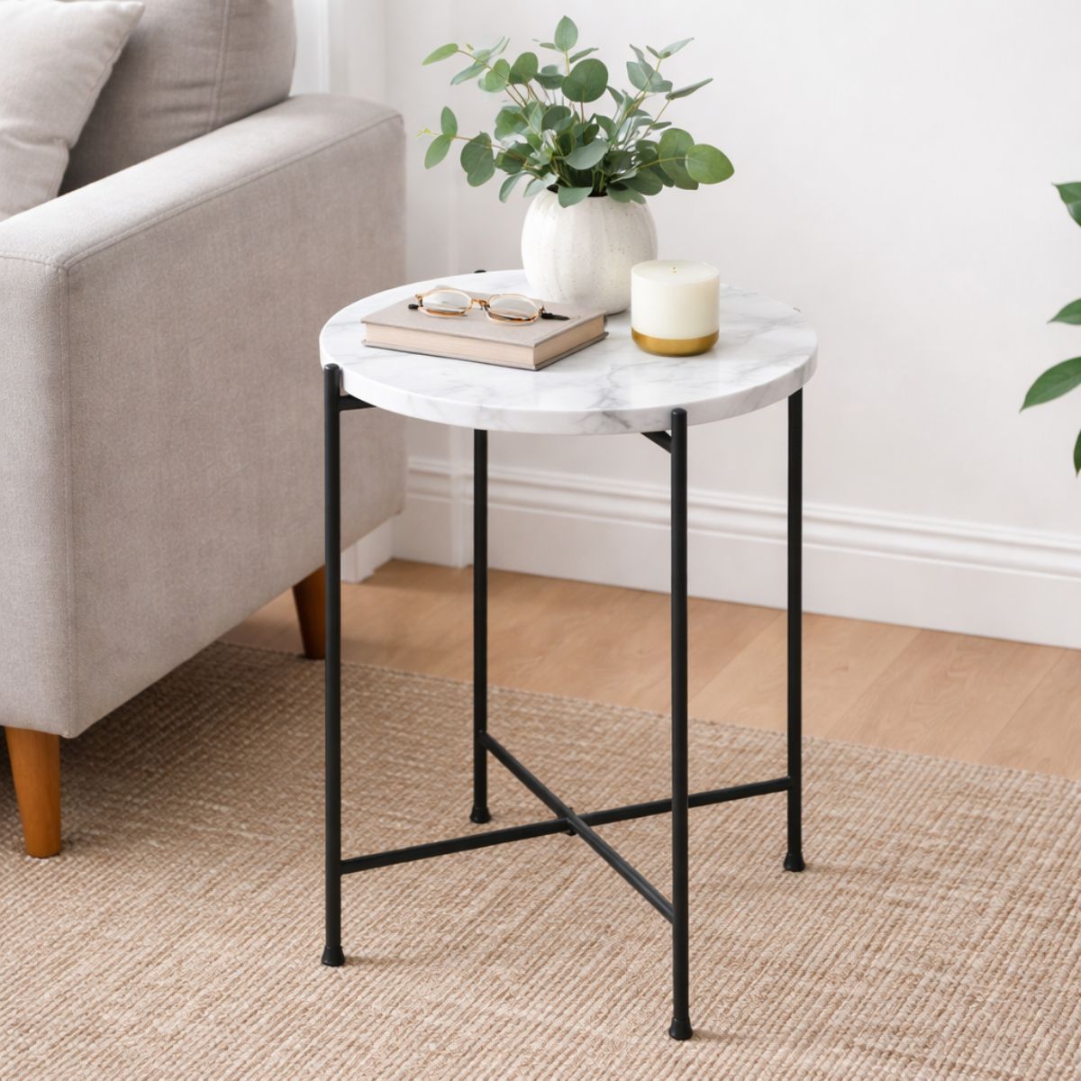 Round End Table, Small Side Tables White Marble Top, Modern Lightweiht Bedside Small Coffee Table for Living Room Bedroom Small Space, Marble Top Coffee Tables