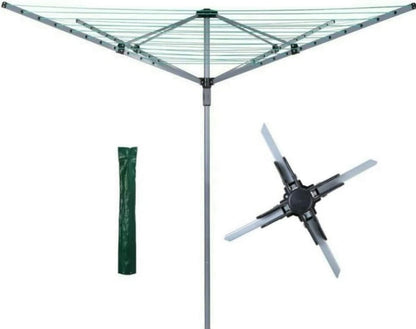AAMEN 60M Rotary Clothes Airer - 4 Arm Outdoor Washing Line with Metal Spike & Cover (Silver & Grey)