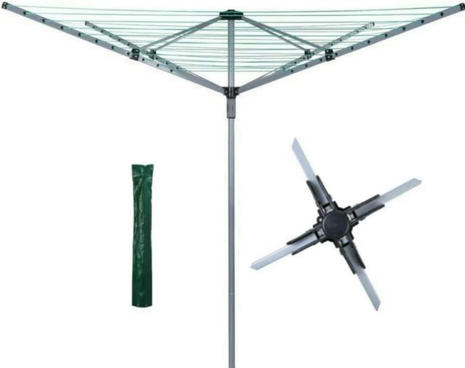 AAMEN 60M Rotary Clothes Airer - 4 Arm Outdoor Washing Line with Metal Spike & Cover (Silver & Grey)