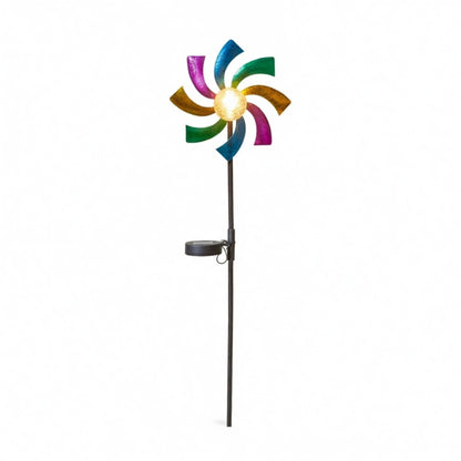 Solar Wind Spinner LED Light Display, Solar Powered Glass Ball LED Lighting Metal Garden Stake, Dual Direction Kinetic Movement for Patio Lawn and Garden Solar Wind Spinner