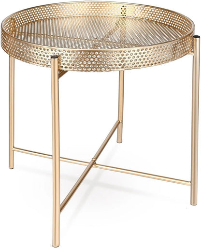 AAMEN Gold Accent Metal End Table, Metal Tray Table with Removable Tray, Anti-Rust Nightstand for Bedroom Balcony Patio Living Room
