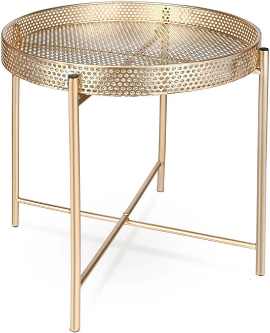 AAMEN Gold Accent Metal End Table, Metal Tray Table with Removable Tray, Anti-Rust Nightstand for Bedroom Balcony Patio Living Room