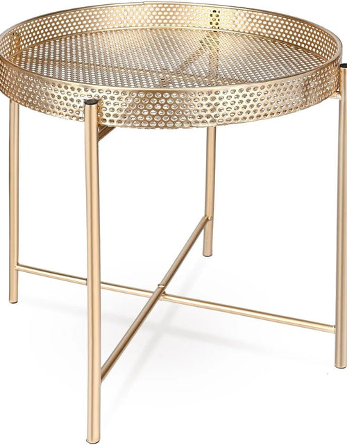 Load image into Gallery viewer, AAMEN Gold Accent Metal End Table, Metal Tray Table with Removable Tray, Anti-Rust Nightstand for Bedroom Balcony Patio Living Room
