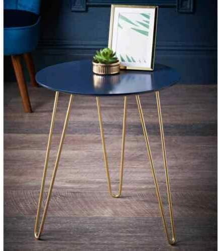 AAMEN Elegant Round Coffee Table, Navy Blue & Unique Style Gold Finish Metal Legs