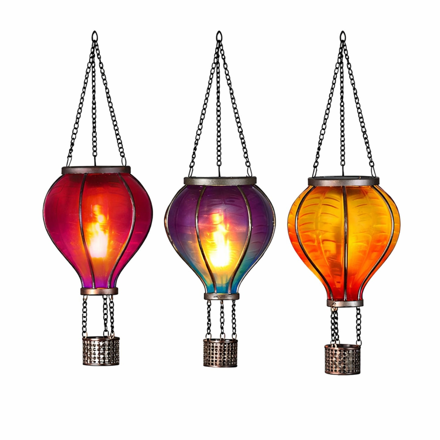 3 Pack Multi-Coloured Hot Air Balloon Solar Garden Lights – Hanging Outdoor Flame LED Lanterns