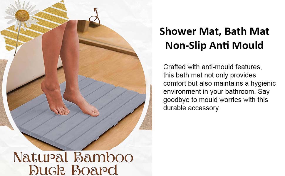 AAMEN Bamboo Wooden Bath Mat, Shower Mat Non-Slip Waterproof, Bathroom Floor Mat for Indoor Outdoor, Floor Mat for Bathtub Spa, Duckboard Bath Mat, Grey