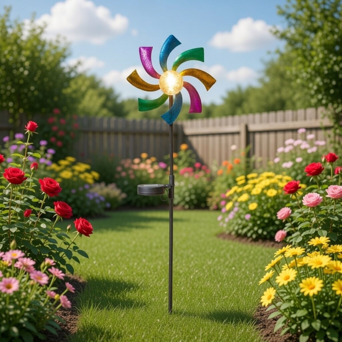 Solar Wind Spinner LED Light Display, Solar Powered Glass Ball LED Lighting Metal Garden Stake, Dual Direction Kinetic Movement for Patio Lawn and Garden Solar Wind Spinner