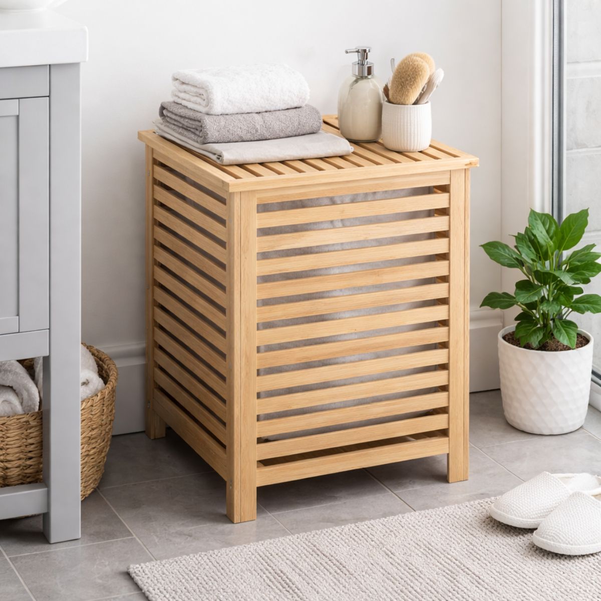 Large Bamboo Laundry Basket with Removable Liner Bag