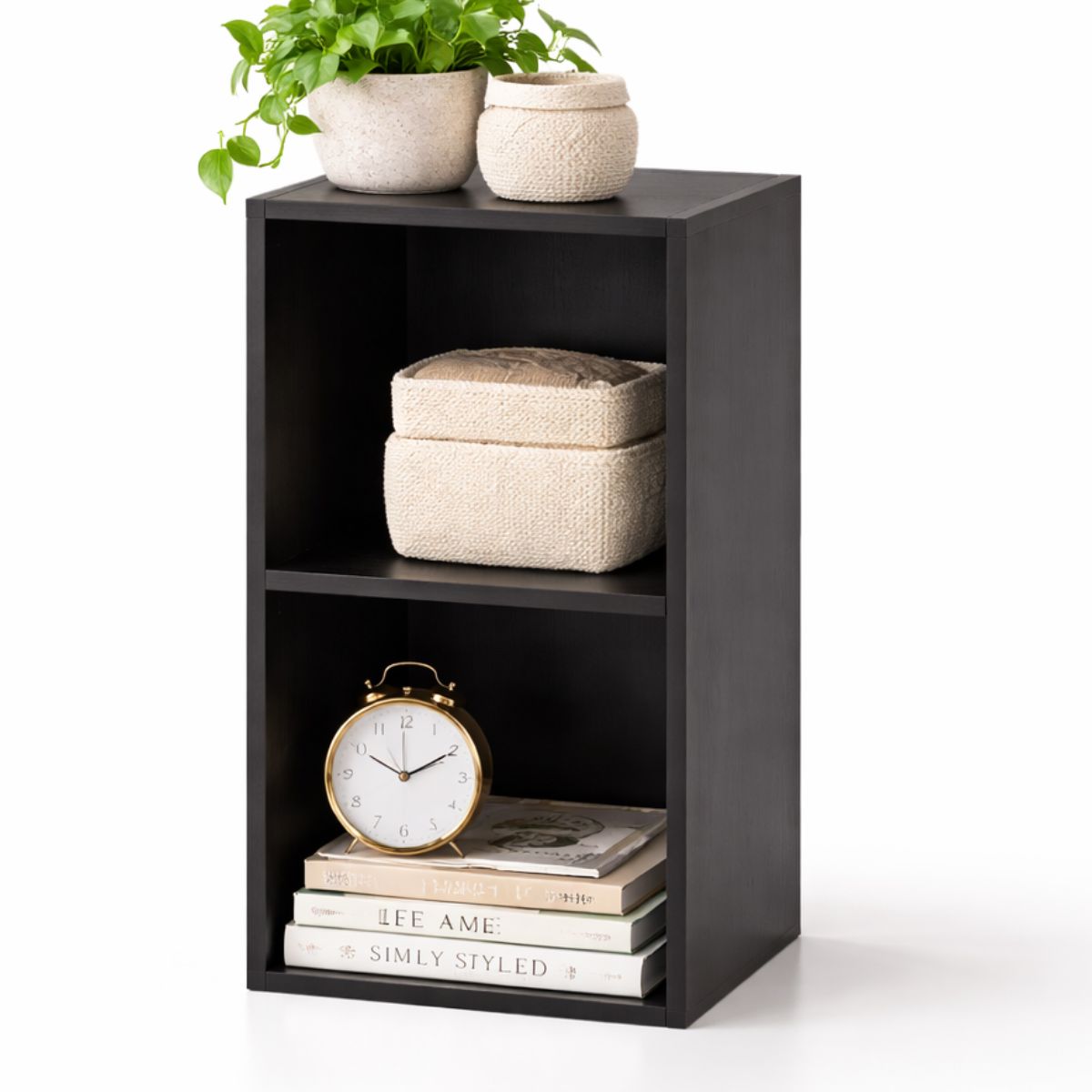 2 Tier Black Cube Storage Unit - Wooden Bookcase Shelf