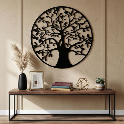 Black Metal Wall Art Tree Bird Design Fence Plaque 45cm