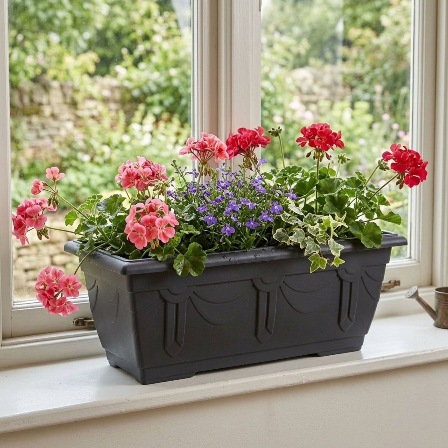 60cm Venetian Plastic Plant Pots with Trays - Large Outdoor Planters