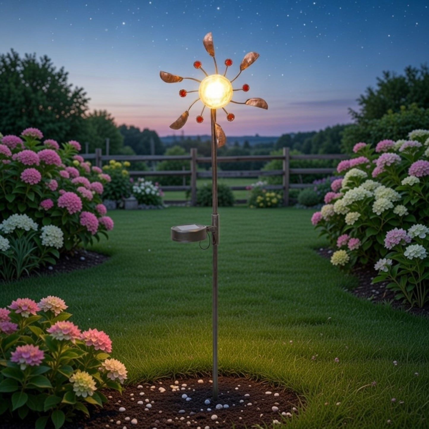 Solar Wind Spinner LED Light Display, Solar Powered Glass Ball LED Lighting Metal Garden Stake, Dual Direction Kinetic Movement for Patio Lawn and Garden Solar Wind Spinner