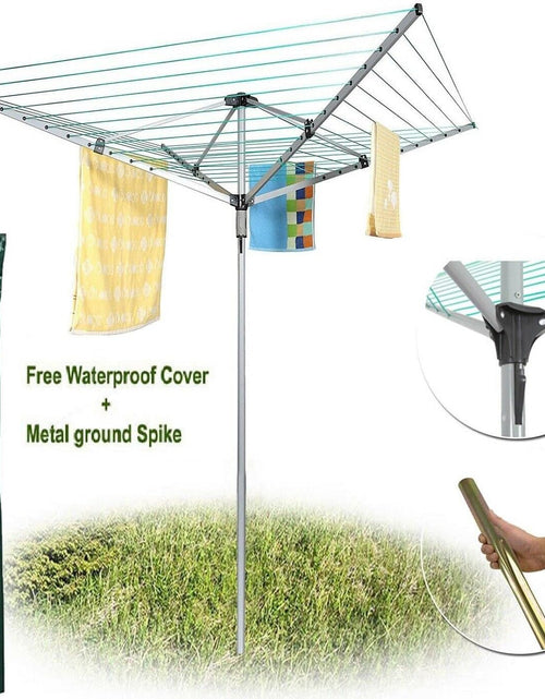 Load image into Gallery viewer, AAMEN 60M Rotary Clothes Airer - 4 Arm Outdoor Washing Line with Metal Spike &amp; Cover (Silver &amp; Grey)
