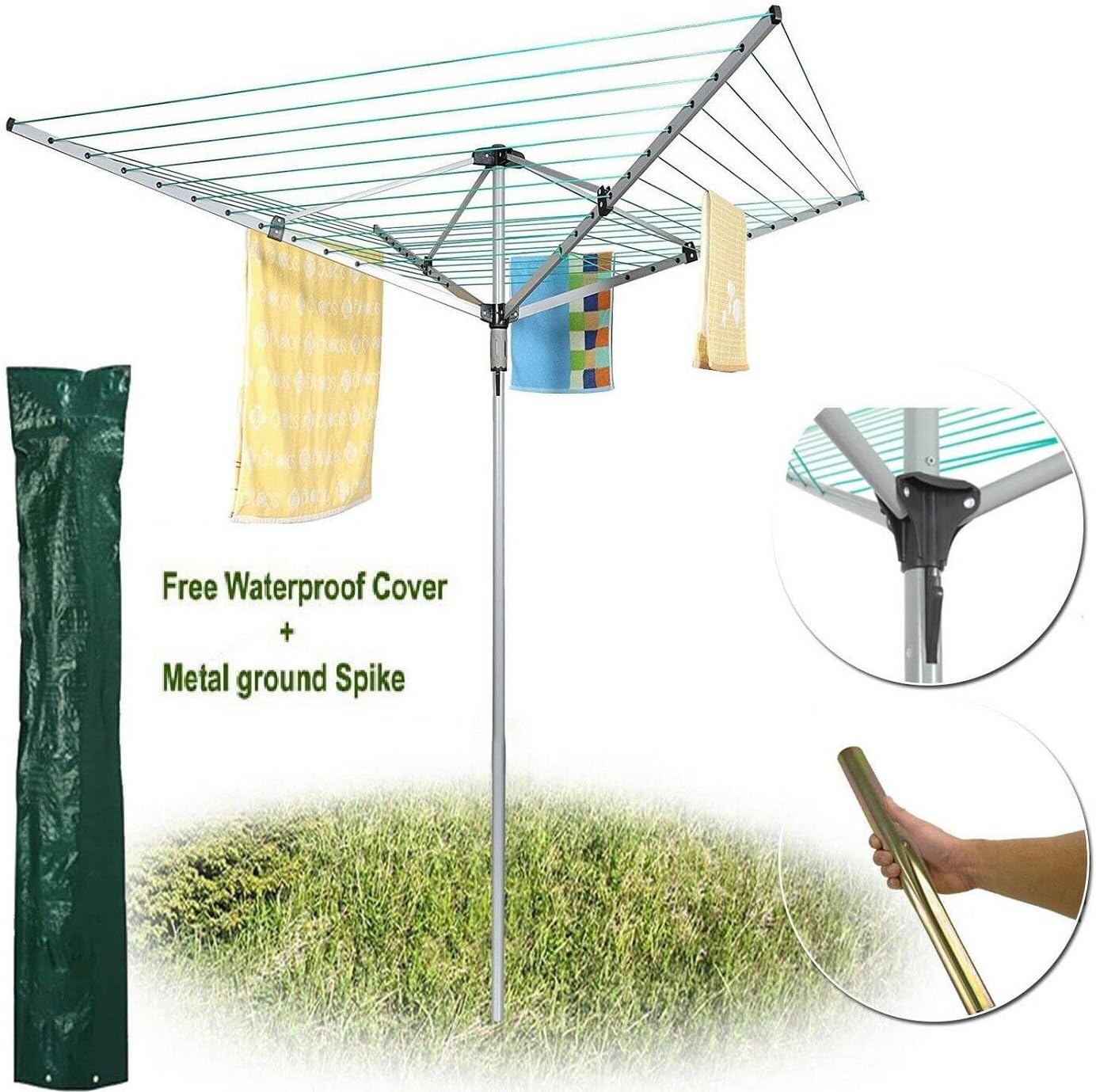 AAMEN 60M Rotary Clothes Airer - 4 Arm Outdoor Washing Line with Metal Spike & Cover (Silver & Grey)