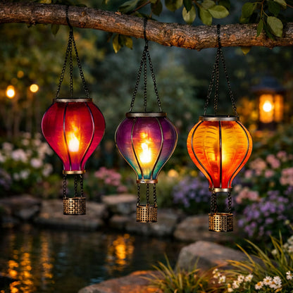 3 Pack Multi-Coloured Hot Air Balloon Solar Garden Lights – Hanging Outdoor Flame LED Lanterns