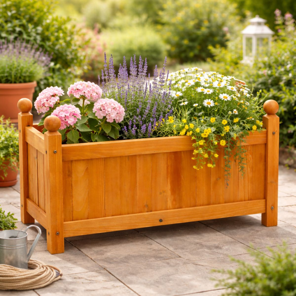 Wooden Rectangular Planter Box with PE Liner Outdoor Flower Pot