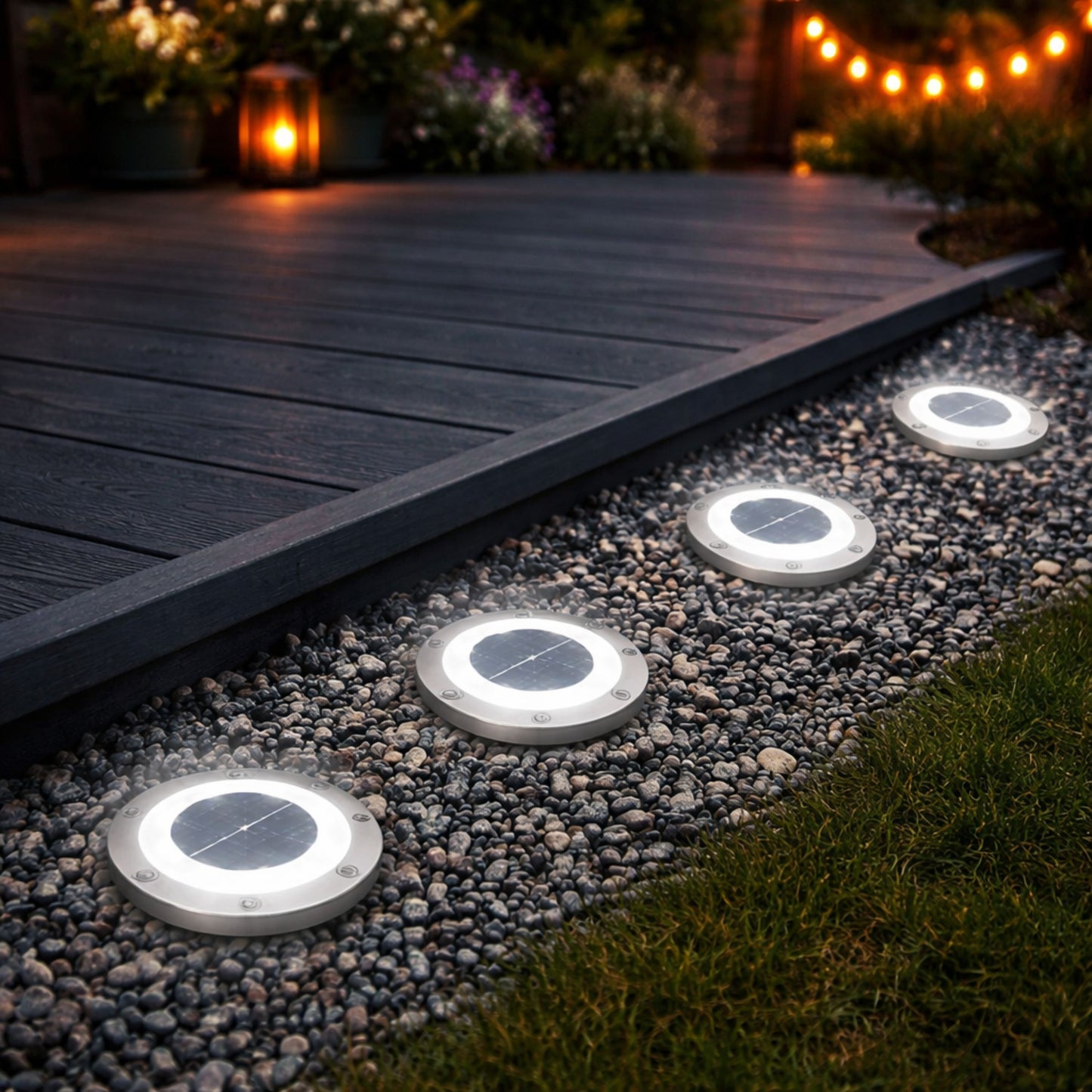 Solar Path & Deck Lights 4 Pack – Round Waterproof Outdoor Decking Lights with Bright White LED