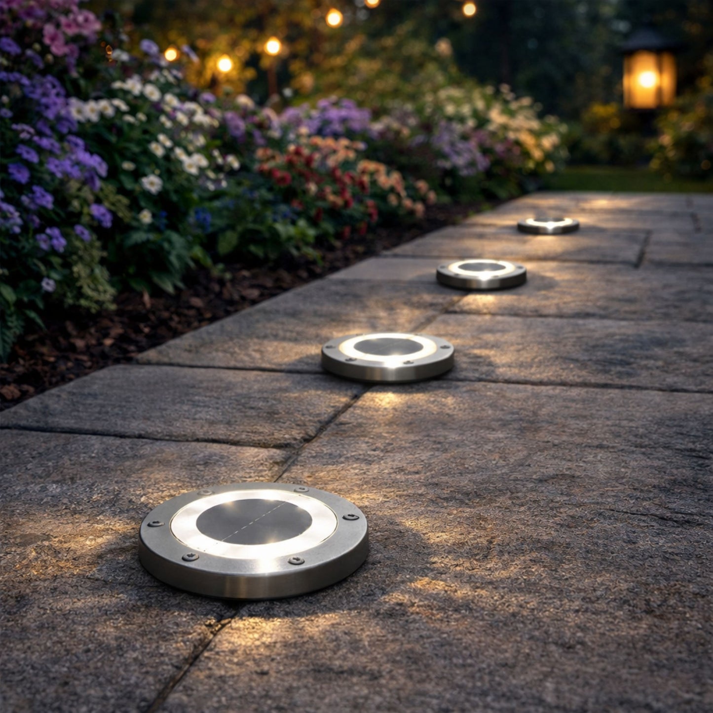 Solar Path & Deck Lights 4 Pack – Round Waterproof Outdoor Decking Lights with Bright White LED