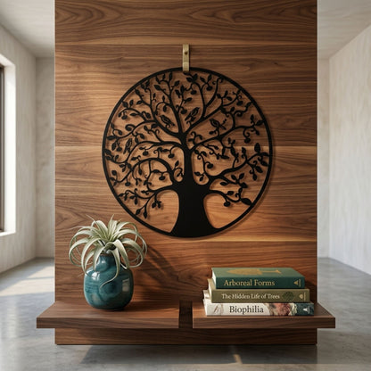 Black Metal Wall Art Tree Bird Design Fence Plaque 45cm