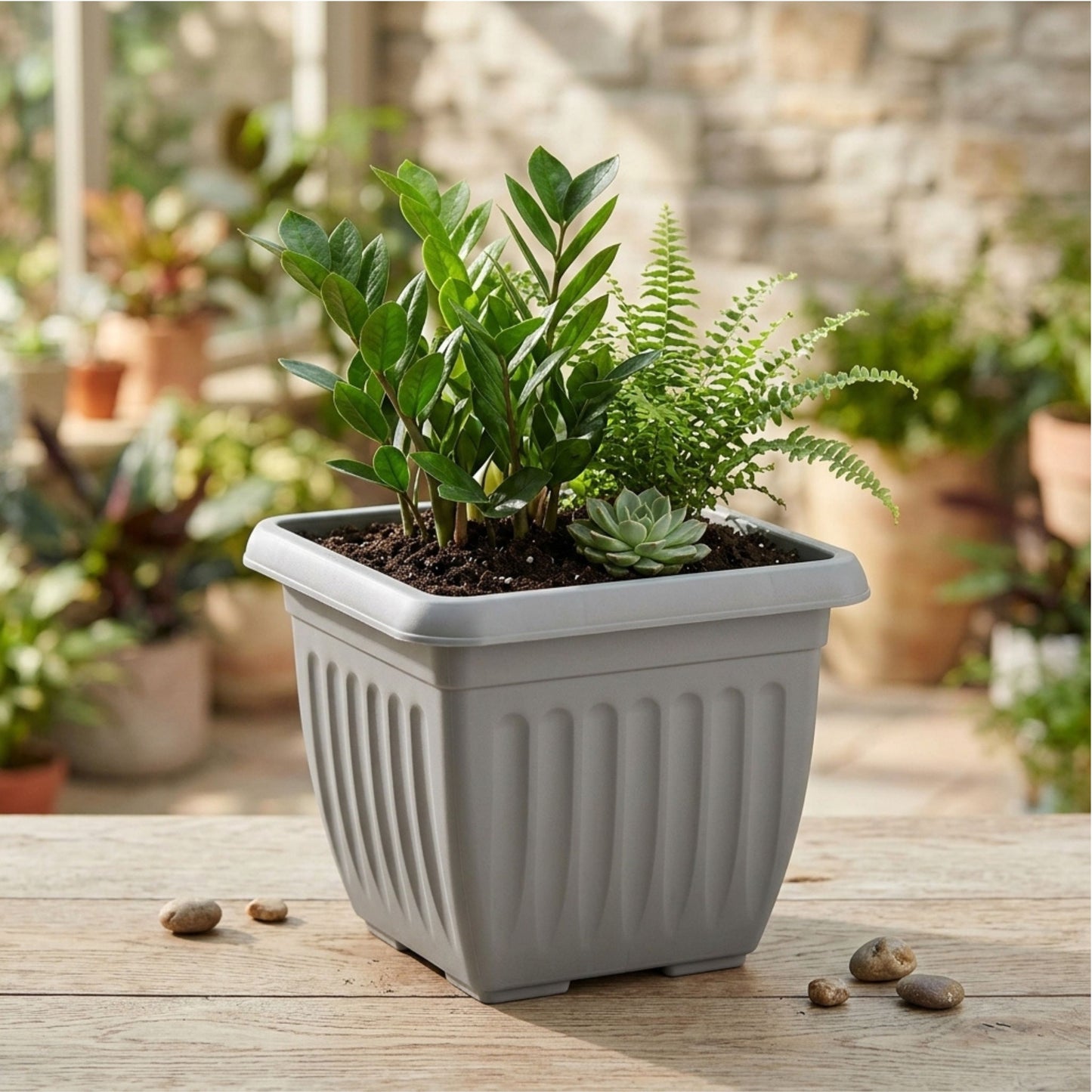 Athens Square Planter 40cm in Grey | Durable Plastic Garden Planter