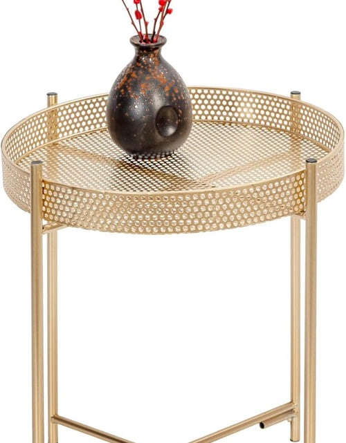 Load image into Gallery viewer, AAMEN Gold Accent Metal End Table, Metal Tray Table with Removable Tray, Anti-Rust Nightstand for Bedroom Balcony Patio Living Room
