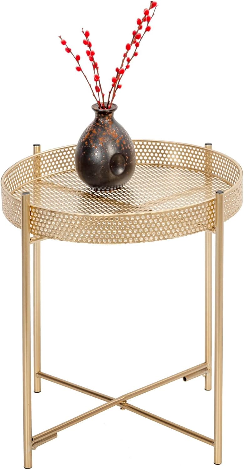 AAMEN Gold Accent Metal End Table, Metal Tray Table with Removable Tray, Anti-Rust Nightstand for Bedroom Balcony Patio Living Room
