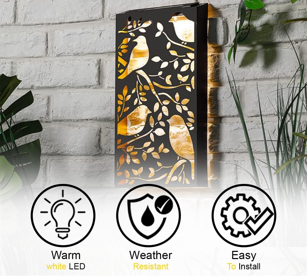 AAMEN Metal Sparrows Wall Art Solar Light – Outdoor LED Fence & Garden Décor with Dusk-to-Dawn Sensor