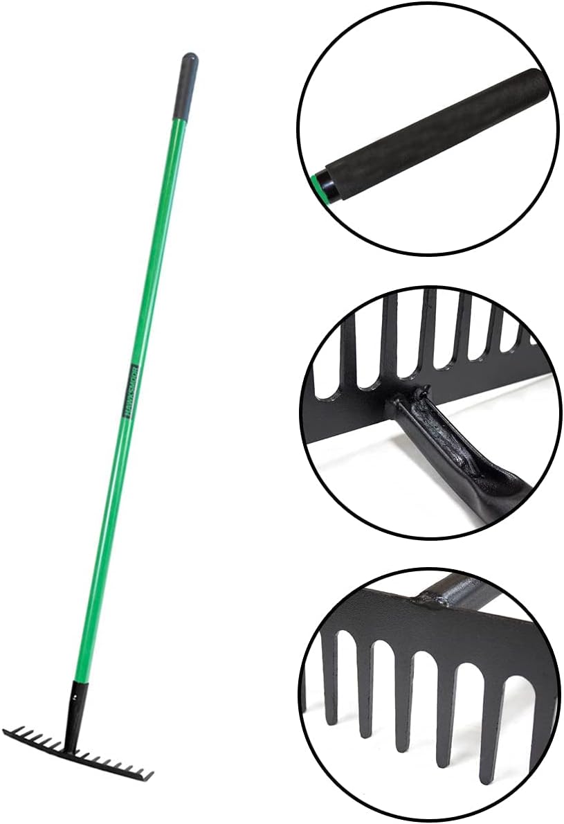 AAMEN 12 Teeth Heavy Duty Garden Rake – Carbon Steel Soil & Leaf Rake for Gardening (120x32x9cm, Black)