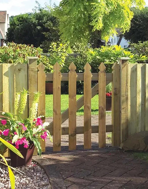 Load image into Gallery viewer, 3x3ft Wooden Garden Gate, Picket Garden Wood Timber Gate, Round Top Picket Garden Gate, Decorative Garden Wicket Gate, Outdoor Wooden Stair Gate, Golden Brown Swing Gates-(90x4.5x87cm)

