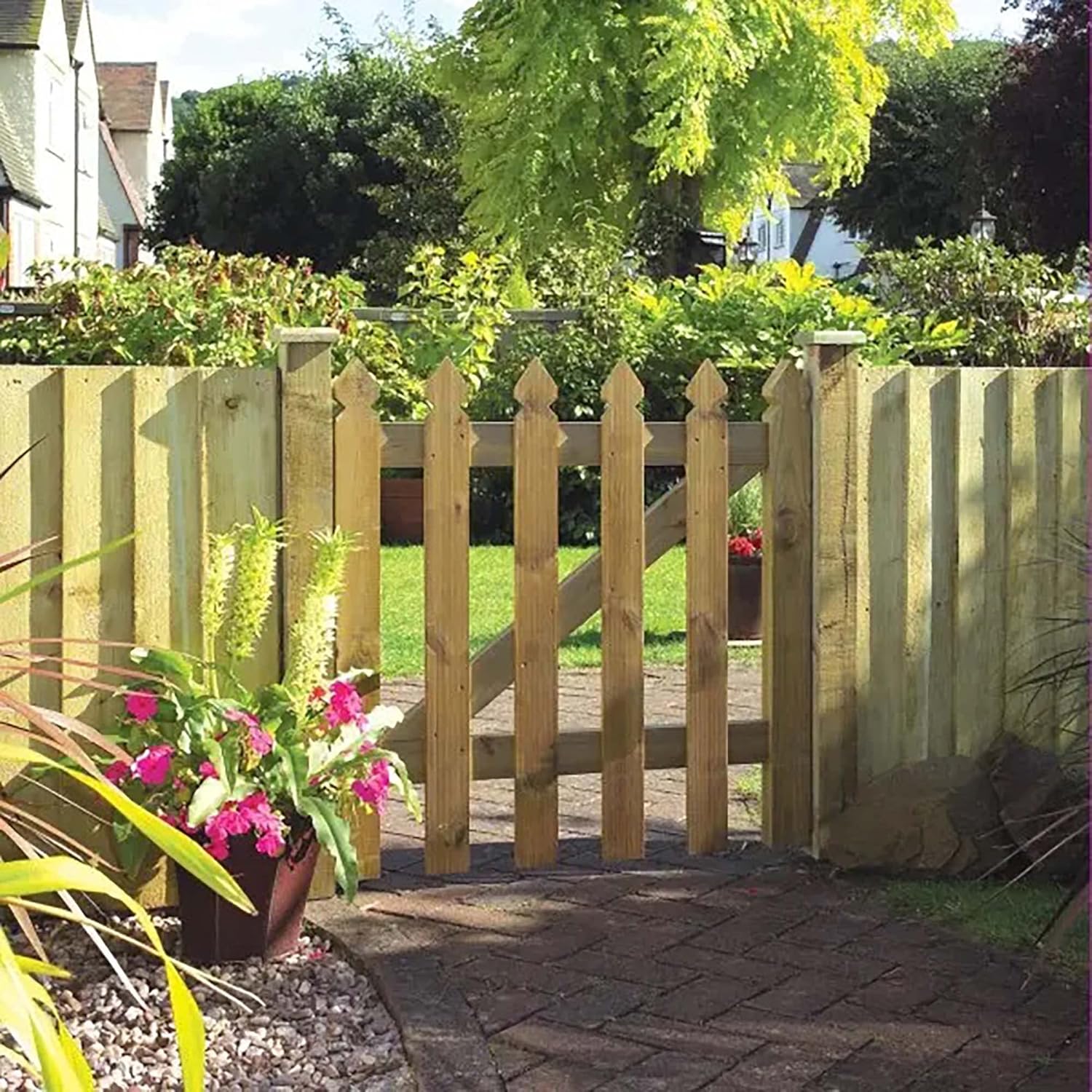 3x3ft Wooden Garden Gate, Picket Garden Wood Timber Gate, Round Top Picket Garden Gate, Decorative Garden Wicket Gate, Outdoor Wooden Stair Gate, Golden Brown Swing Gates-(90x4.5x87cm)