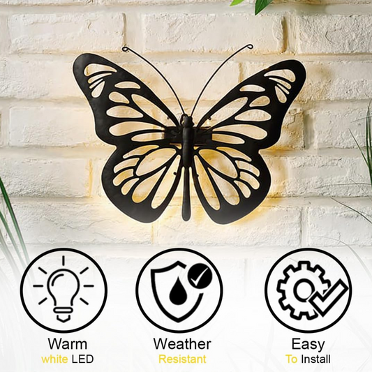 AAMEN Weatherproof Solar LED Butterfly Wall Art, Garden Metal Butterfly Outdoor Fence Ornaments Decoration Lights, Novelty Fence Wall Decoration Light - Outdoor with White Glow