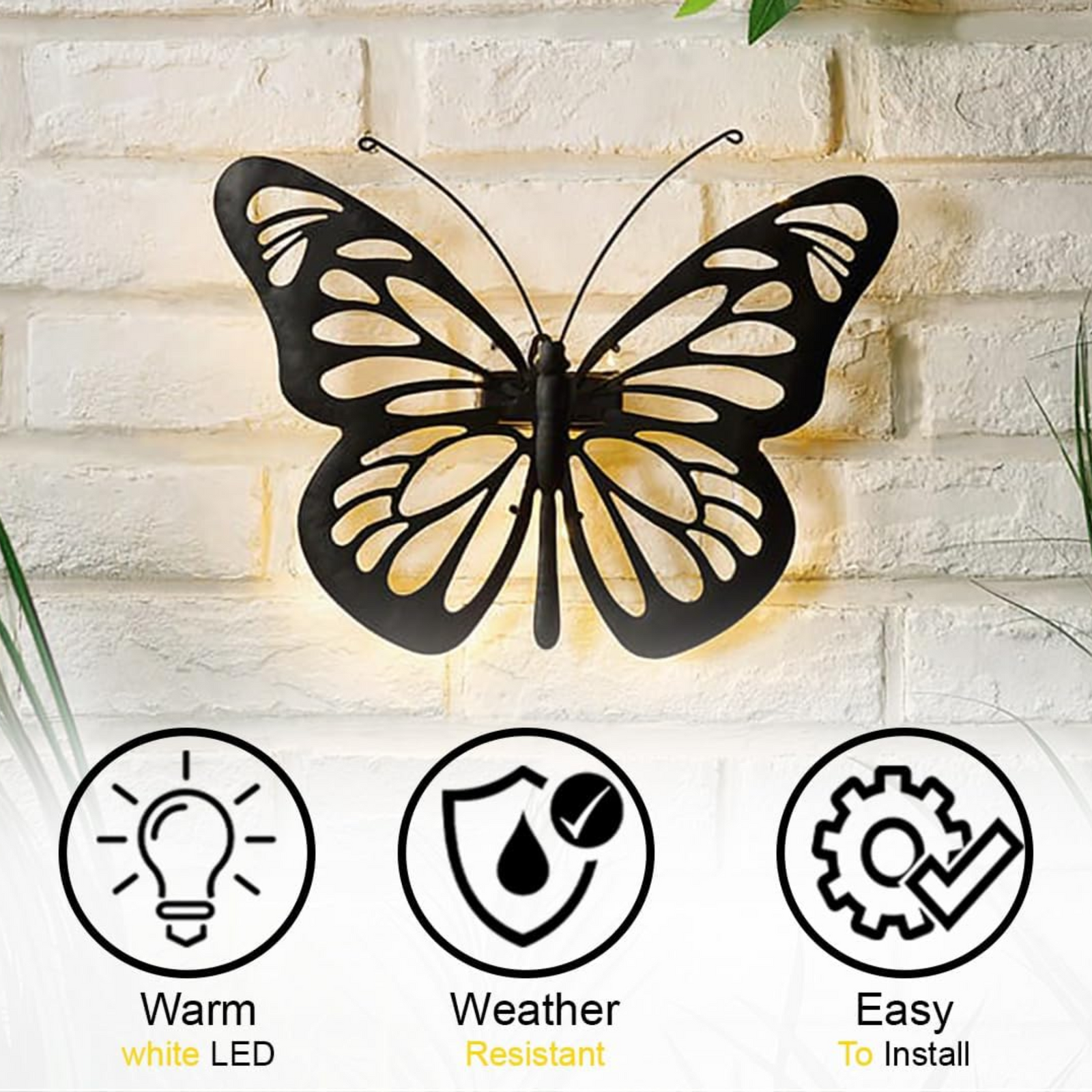 AAMEN Weatherproof Solar LED Butterfly Wall Art, Garden Metal Butterfly Outdoor Fence Ornaments Decoration Lights, Novelty Fence Wall Decoration Light - Outdoor with White Glow