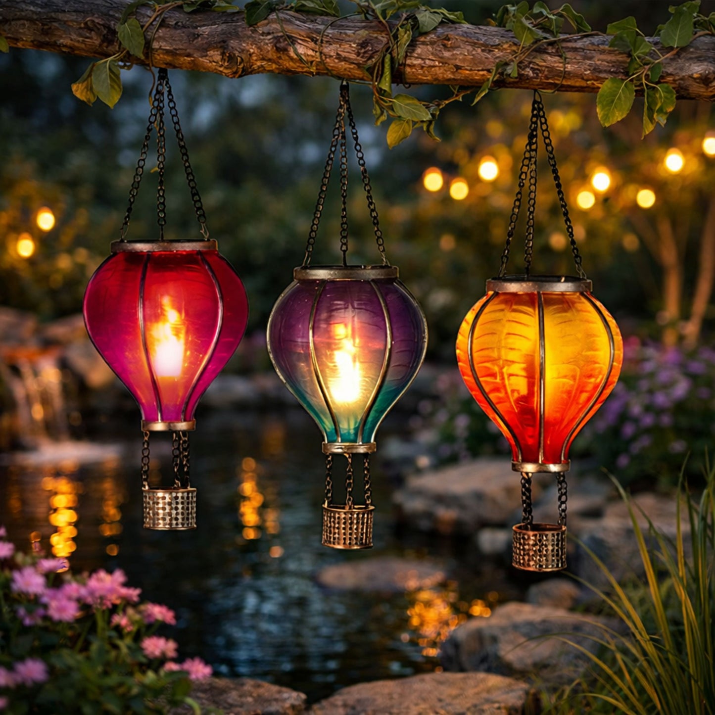 3 Pack Multi-Coloured Hot Air Balloon Solar Garden Lights – Hanging Outdoor Flame LED Lanterns