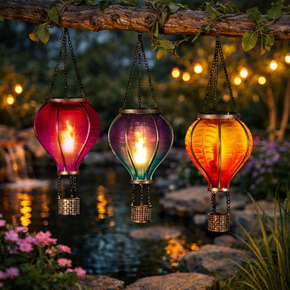 3 Pack Multi-Coloured Hot Air Balloon Solar Garden Lights – Hanging Outdoor Flame LED Lanterns