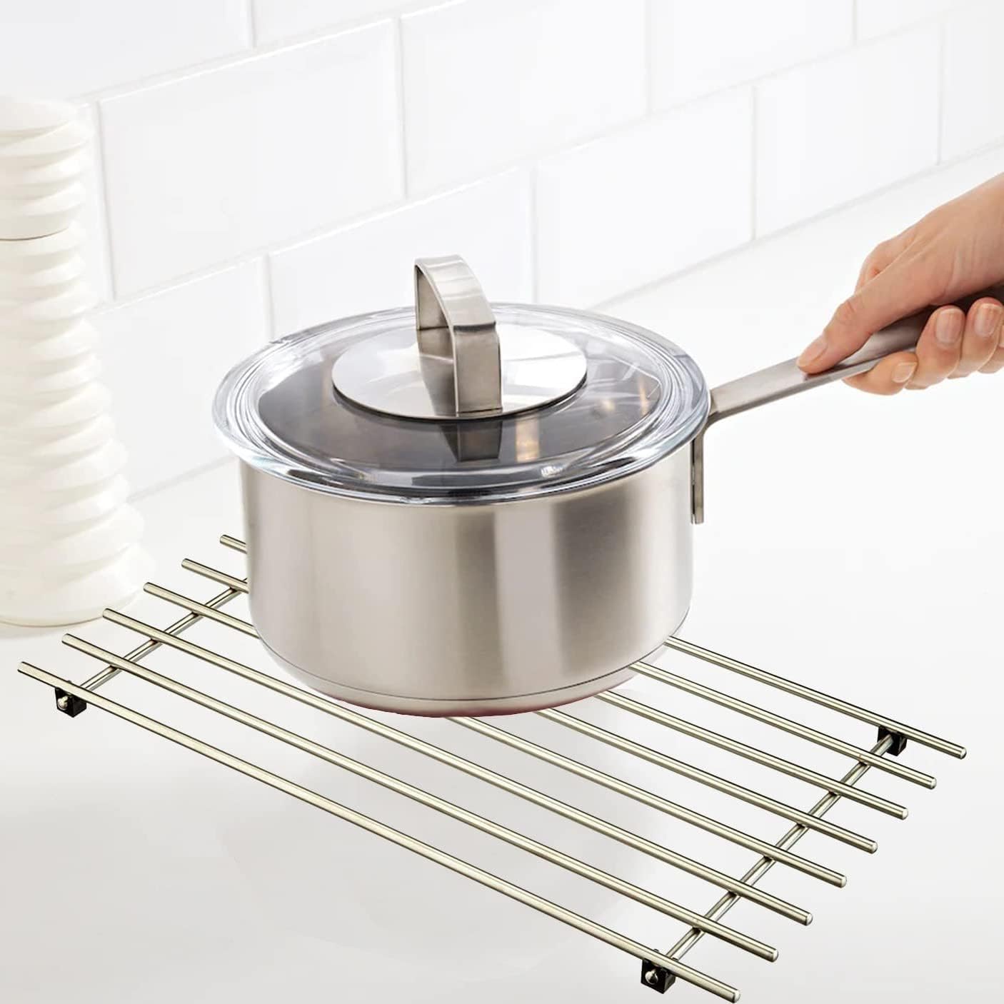 AAMEN Modern Metal Trivet for Kitchen Table, Strong Trivets for Hot Pans, Hot Trays, & Plates Stand, Rectangular Trivet Stainless Steel Worktop Protector (Pot Holder)