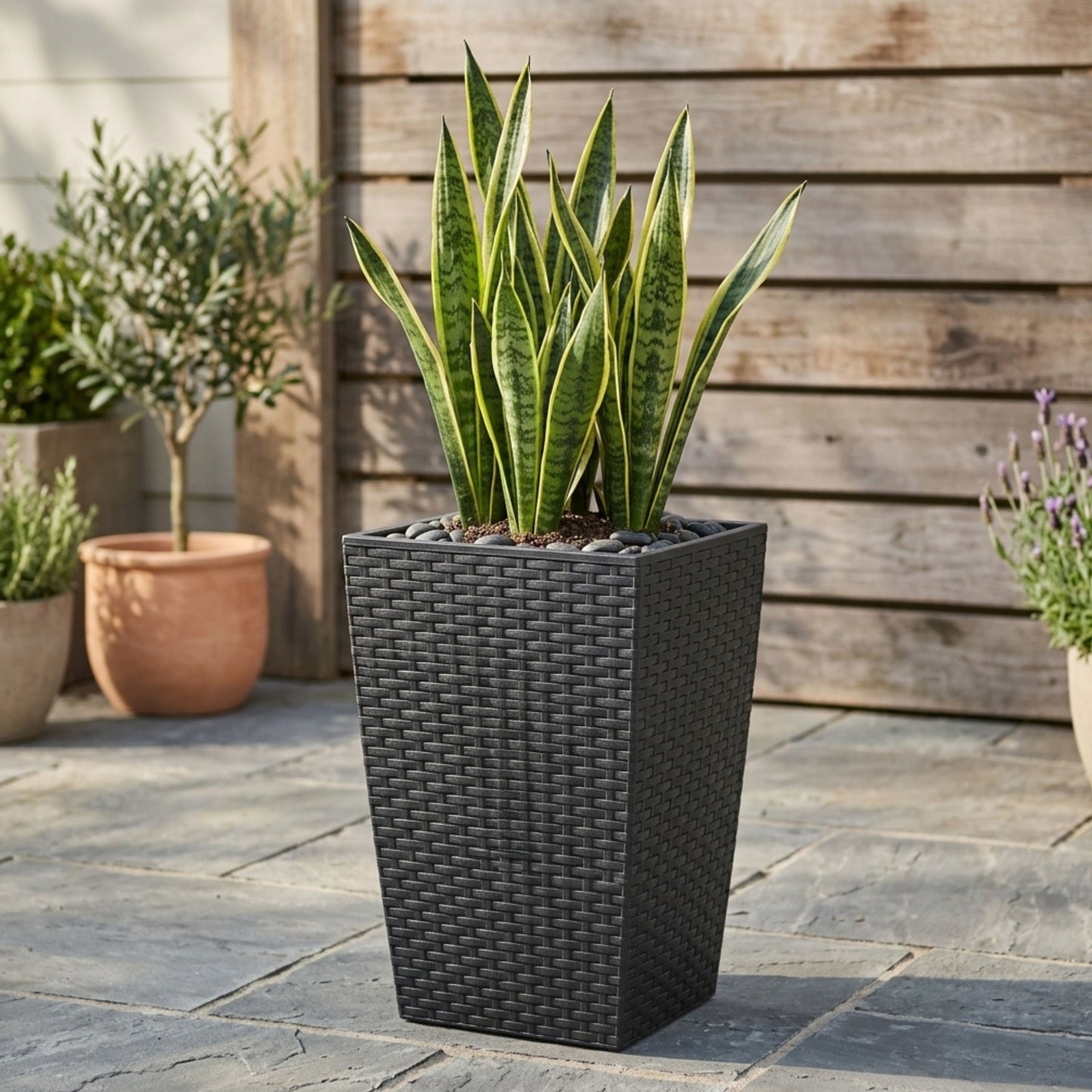 Tall Square Black Rattan Planter - 45cm Indoor/Outdoor Garden Pot