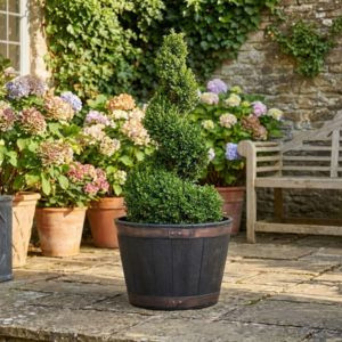 Large Oakwood Barrel Planter – Durable Outdoor & Garden Plant Pot