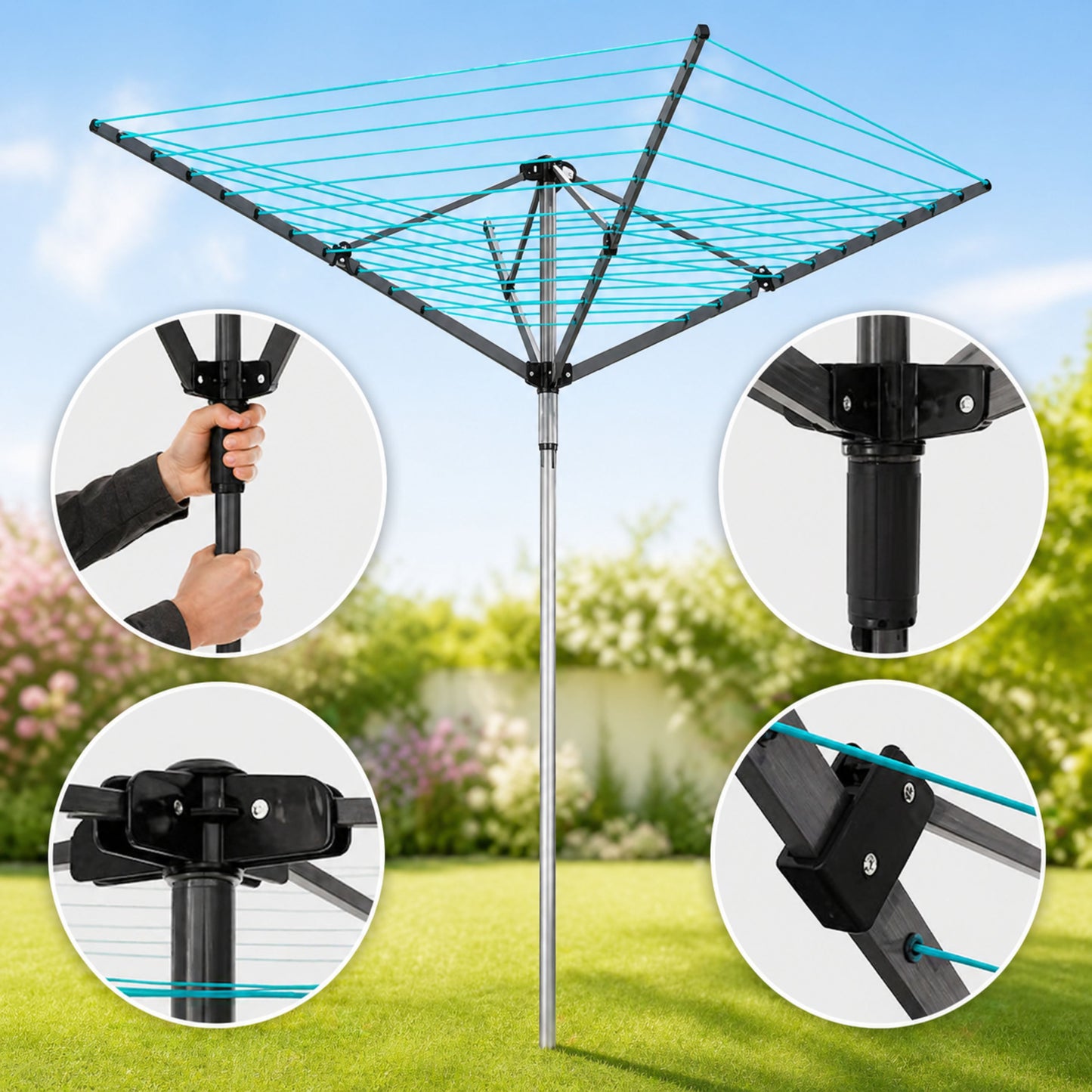 60m Heavy Duty Rotary Washing Line, Premium Outdoor Clothes Airer