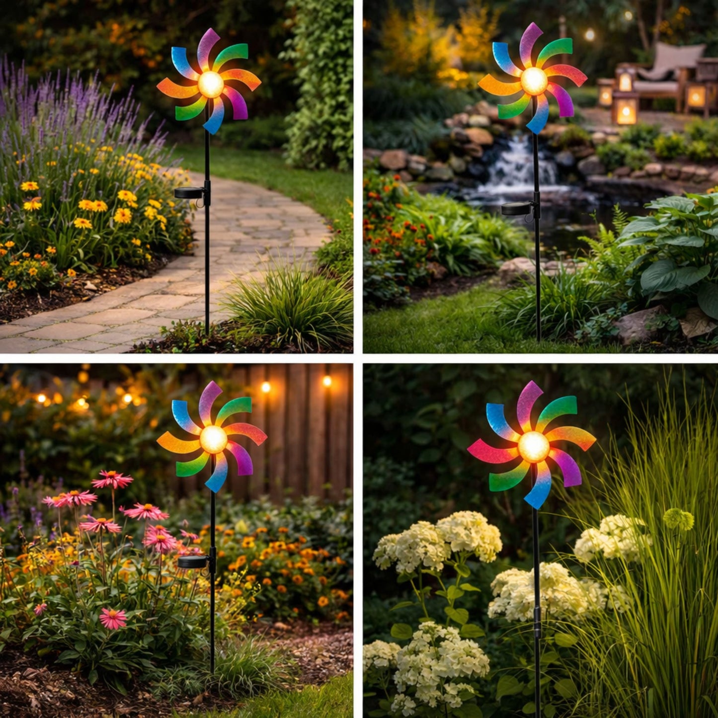 Solar Wind Spinner LED Light Display, Solar Powered Glass Ball LED Lighting Metal Garden Stake, Dual Direction Kinetic Movement for Patio Lawn and Garden Solar Wind Spinner