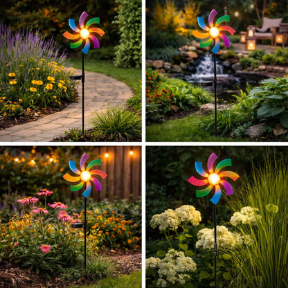Solar Wind Spinner LED Light Display, Solar Powered Glass Ball LED Lighting Metal Garden Stake, Dual Direction Kinetic Movement for Patio Lawn and Garden Solar Wind Spinner