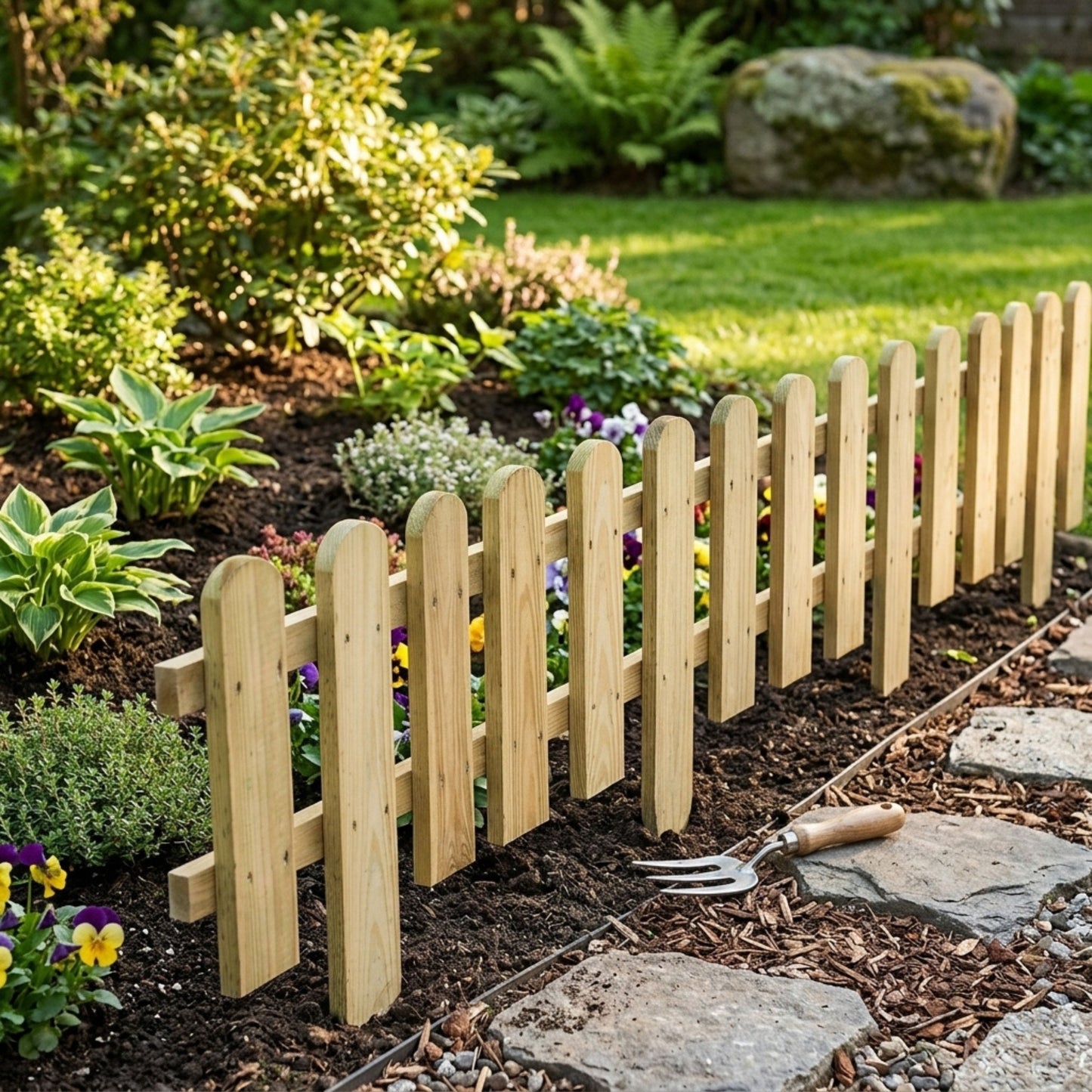 Natural Wooden Picket Fence Panel with Ground Spikes - 40 x 99cm