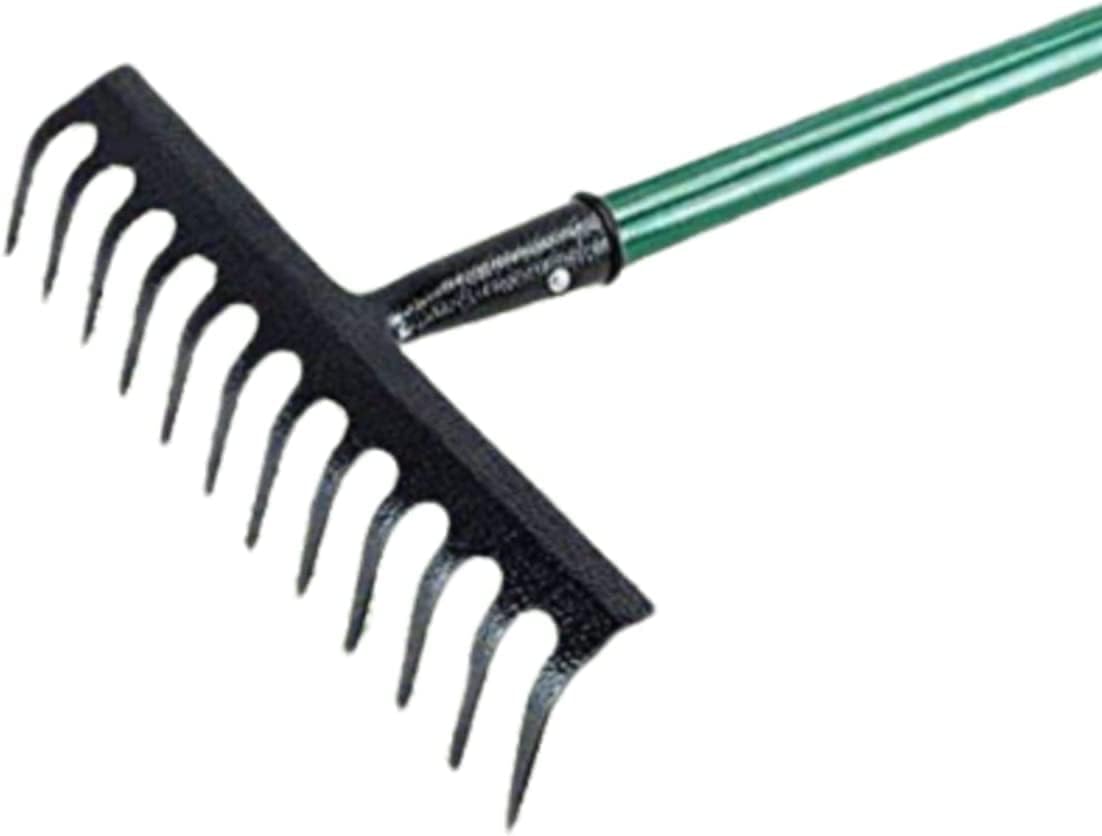 AAMEN 12 Teeth Heavy Duty Garden Rake – Carbon Steel Soil & Leaf Rake for Gardening (120x32x9cm, Black)