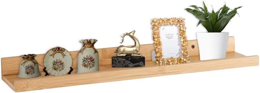 AAMEN Bamboo Picture Shelf 48cm, Wall Mounted Display Shelf, Picture Shelf Ledge, Wall Bookshelf For Bedroom Kitchen Office Home Décor
