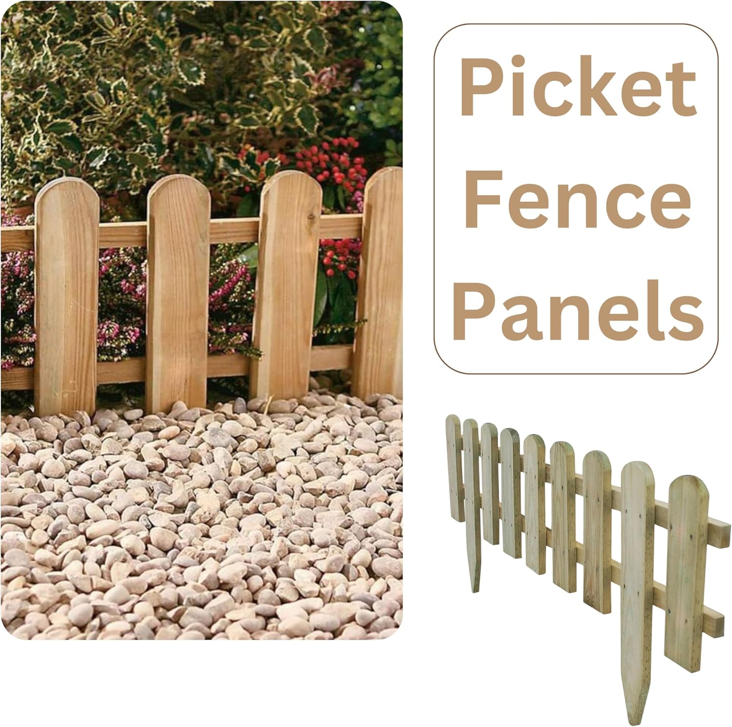 AAMEN Wooden Freestanding Picket Fence Panels – Natural Wood Decorative Garden Edging for Patios, Guest Houses & Outdoor Spaces