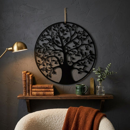 Black Metal Wall Art Tree Bird Design Fence Plaque 45cm