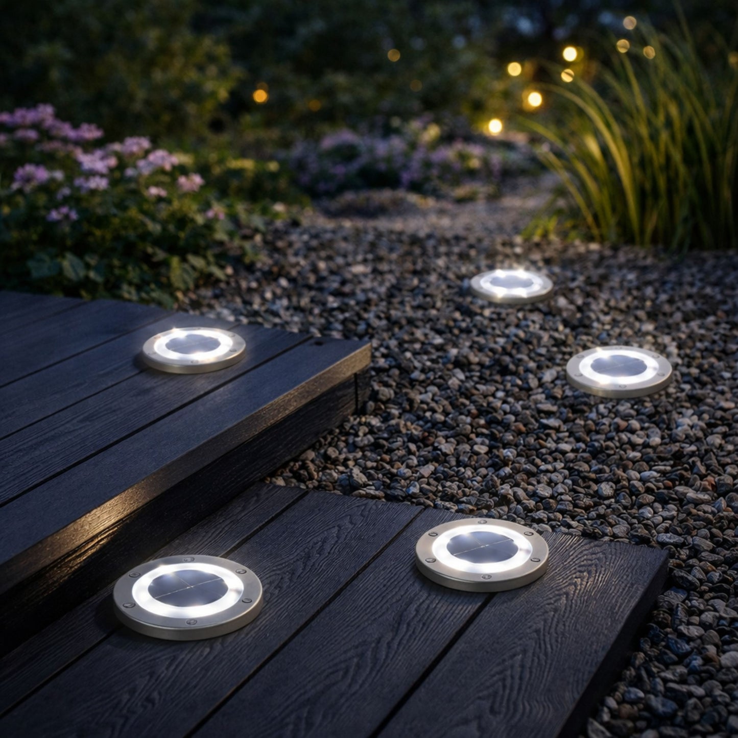 Solar Path & Deck Lights 4 Pack – Round Waterproof Outdoor Decking Lights with Bright White LED